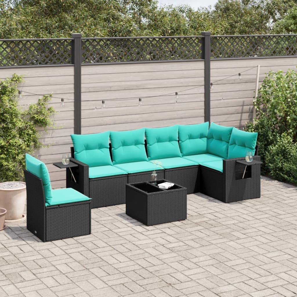 7-Piece Patio Sofa Set, Black Poly Rattan Outdoor Sectional Furniture with Blue Cushions, Storage, Side Table, UV-Proof for Garden, Balcony