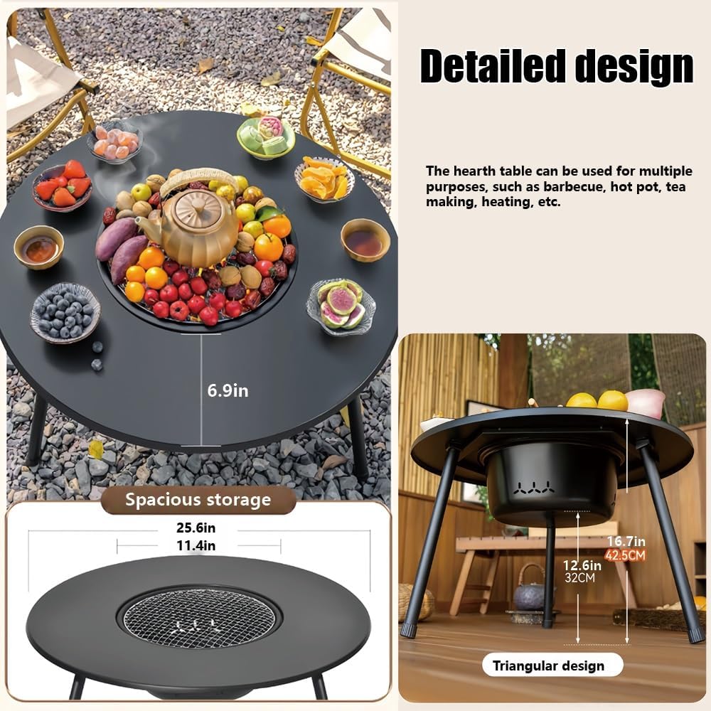 Large Wood Burning Fire Pit with Grill, Portable Firepit for Outside Cooking & Heating, Carbon Steel Fire Pit Grill for Camping, Backyard, Picnics, and Outdoor Gatherings(Medium)