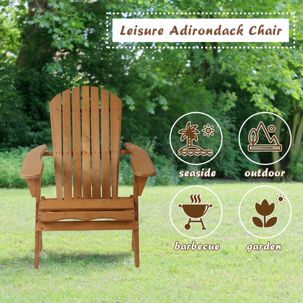 Adirondack Chair Patio Chairs Lawn Chair Folding Adirondack Chair Outdoor Chairs Patio Seating Fire Pit Chairs Wood Chairs for Adults Yard Garden w/Natural Finish