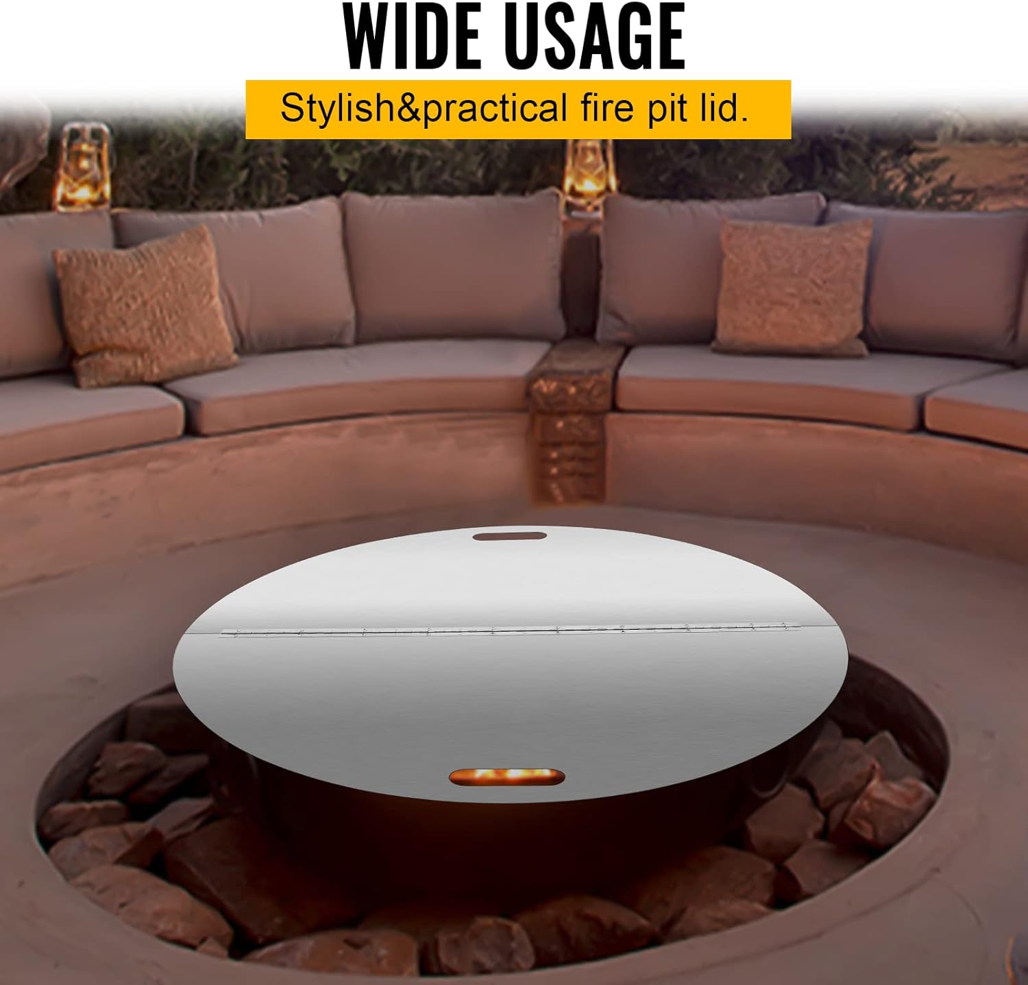 40 Inch Round Fire Pit Lid 304 Stainless Steel Foldable Fire Pit Cover Built-in Handle Design 3mm Thickness for Any Round Patio Fire Pits