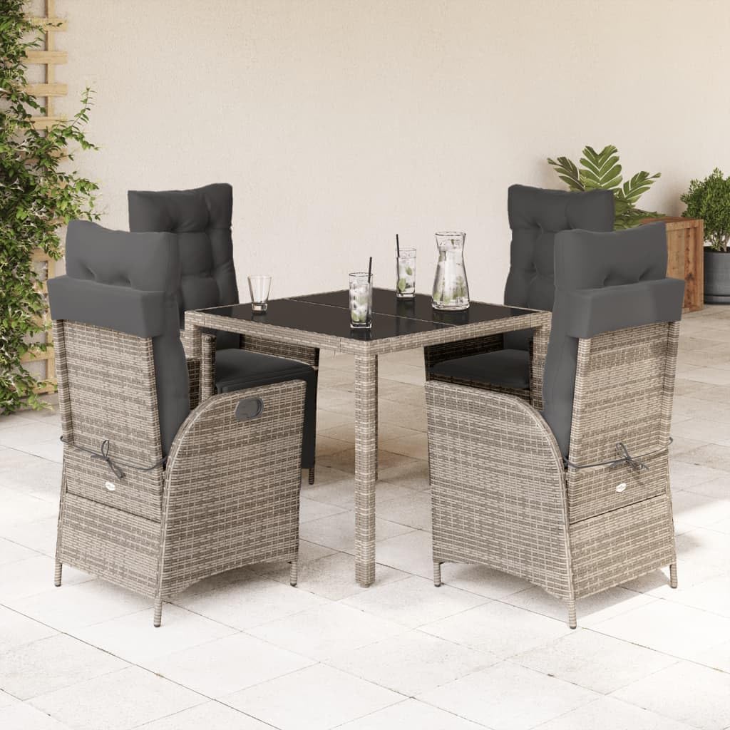 5 Piece Patio Dining Set with Cushions Gray Poly Rattan,Adjustable Backrest Garden Dining Set with Glass Tabletop and Comfortable Cushions for Outdoor, Patio, and Yard Furniture Sets for Patio, Lawn &