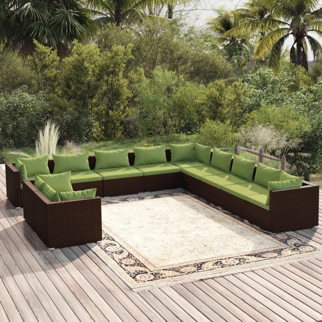 11-Piece Garden Lounge Set, Brown Poly Rattan, Green Cushions, Modular Outdoor Sofa Furniture for Patio, Balcony, Terrace, Weather-Resistant Seating