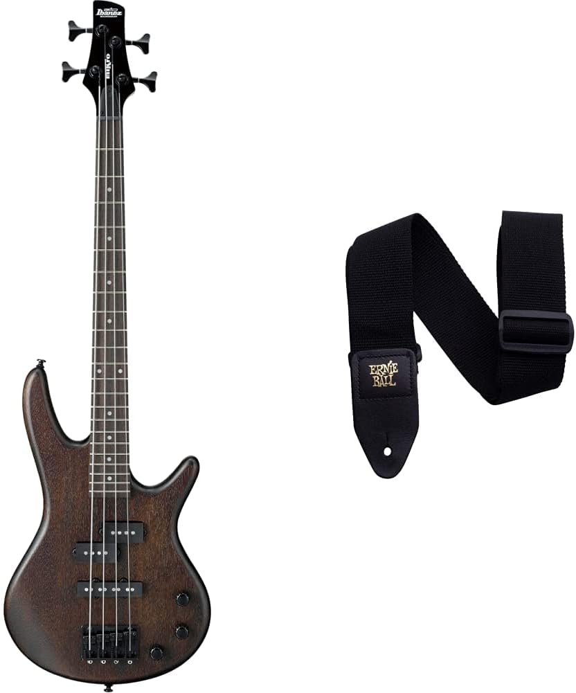 Ibanez 4 String Bass Guitar, Right, Walnut Flat (GSRM20BWNF) and Ernie Ball Polypro Guitar Strap, Black (P04037)