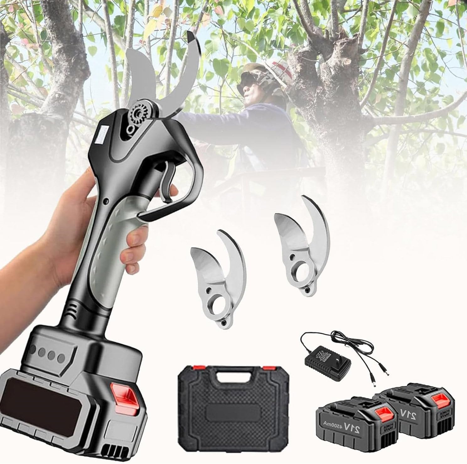 Electric Pruning Shears, 45mm Electric Garden Pruner, Tree Branch Pruner for Gardens Parks Farms Greenhouses, 2 Battery Powered, 10-12 Working Hours,WithoutExtensionPole