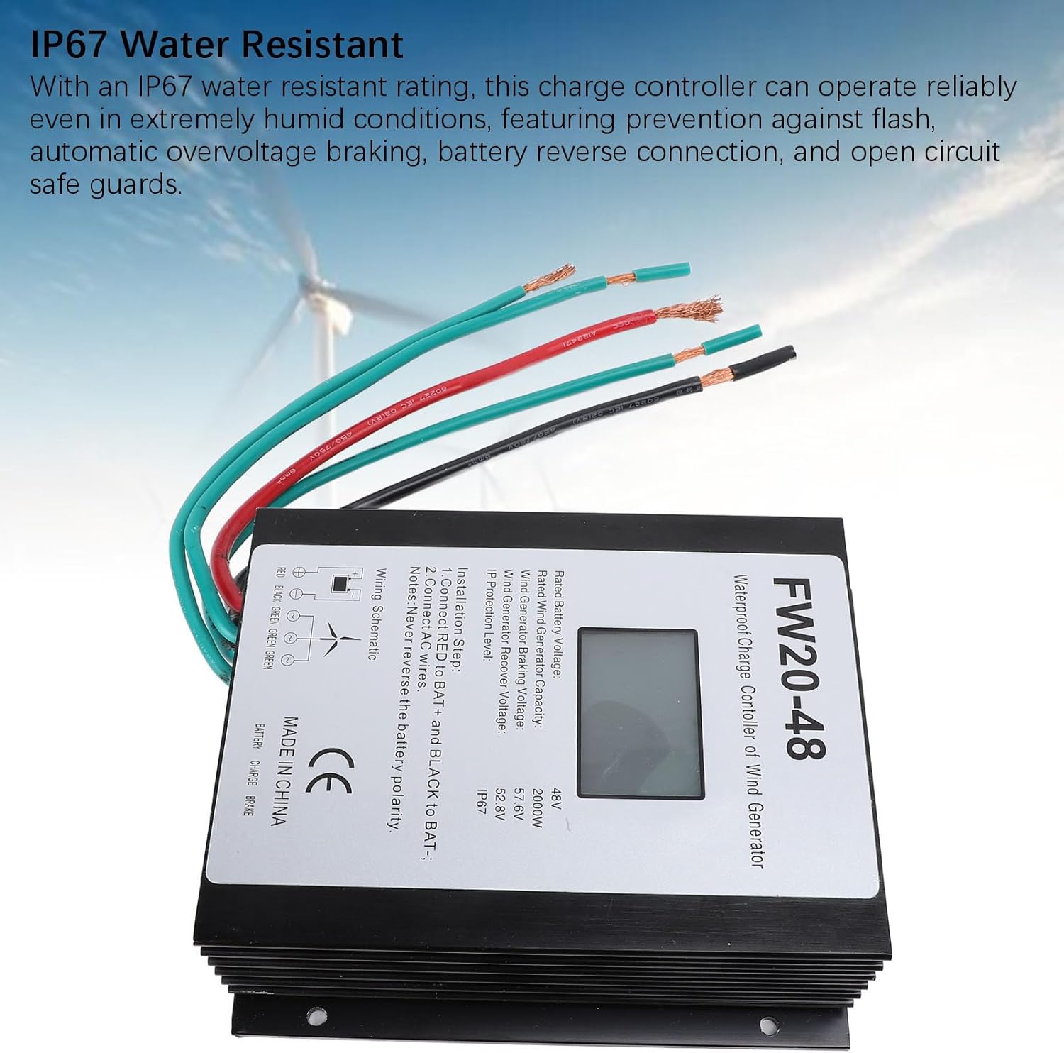 Wind Turbine Charge Controller 2000W 48V MPPT IP67 Water Wind Generator Controller with LED Display for Home Use Aluminum Alloy Shell Efficient Heat Dissipation
