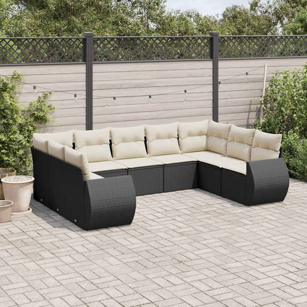 9-Piece Modular Garden Sofa Set in Black and Cream White, PE Rattan with Powder-Coated Steel Frame for Outdoor Patio, Durable Weather-Resistant Lounge Furniture with Spacious