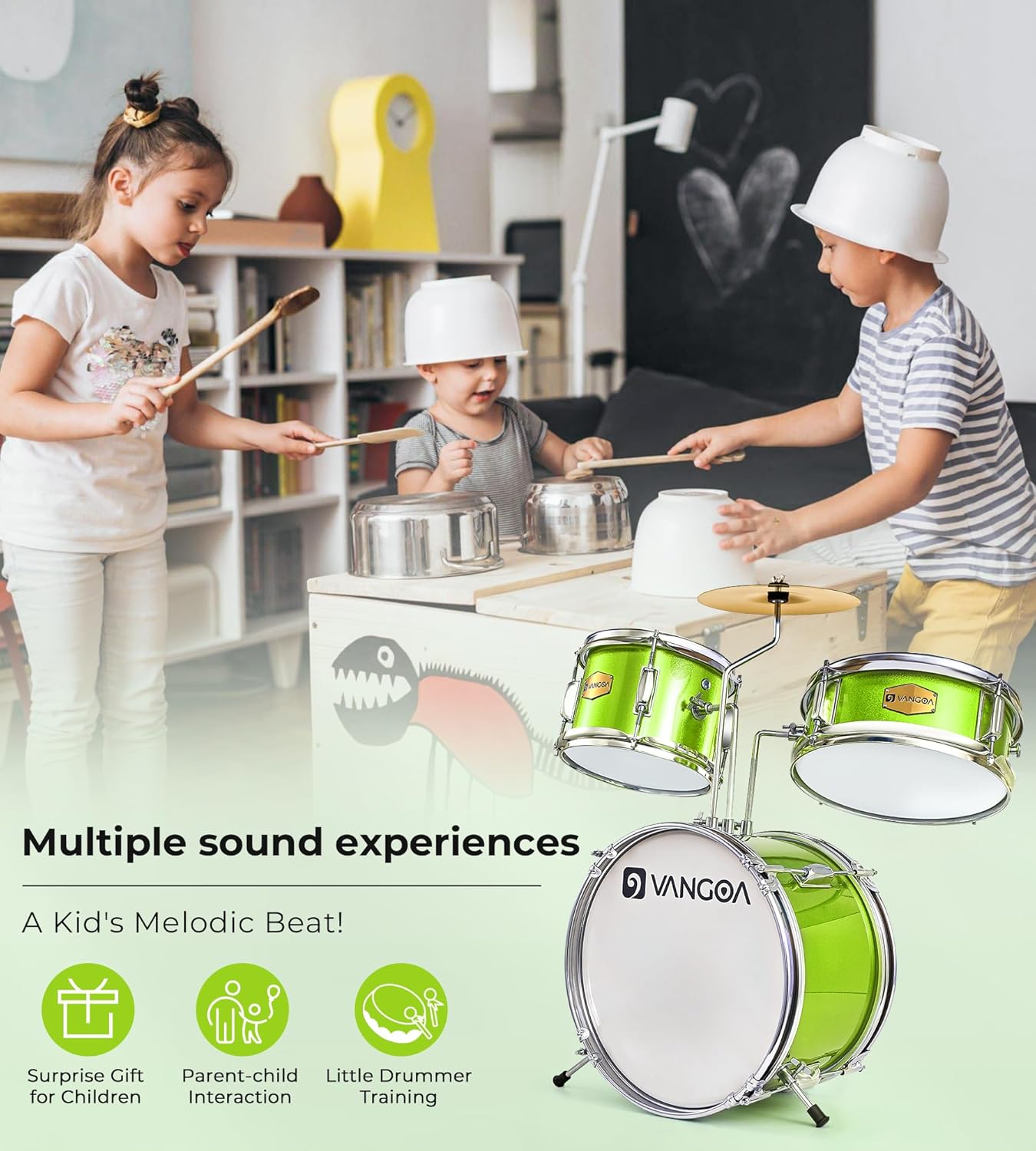 Kids Drum Set, 14 Inch Beginner Drum Kits, 3 Piece Drum Set for Kids Boys Girls Age 3-7, with Adjustable Throne, Cymbal Pedal, Drumsticks, Bright Green