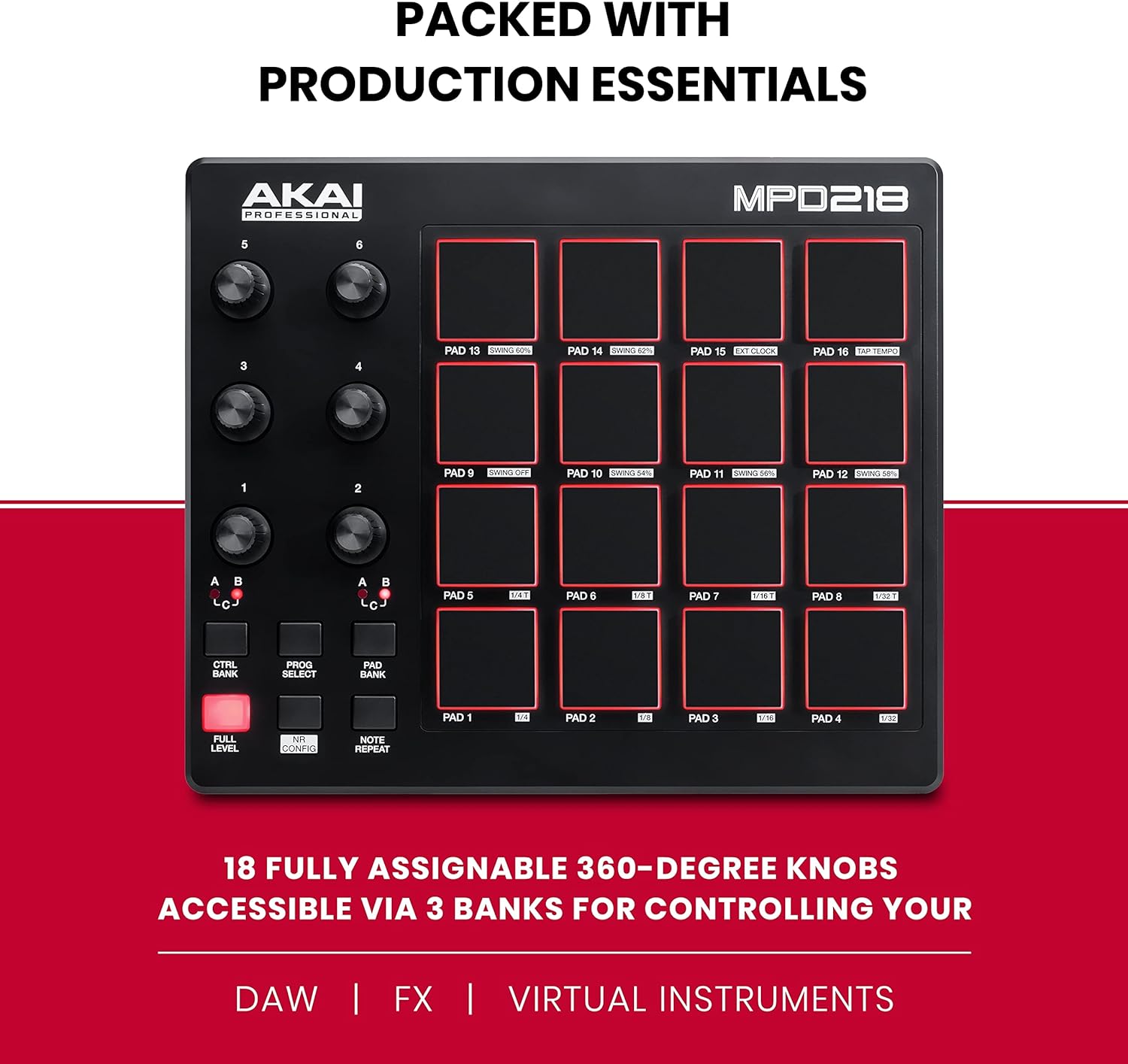 Akai Professional MPD218 - USB MIDI Controller with 16 MPC Drum Pads, 6 Assignable Knobs, Note Repeat and Full Level Buttons and Production Software