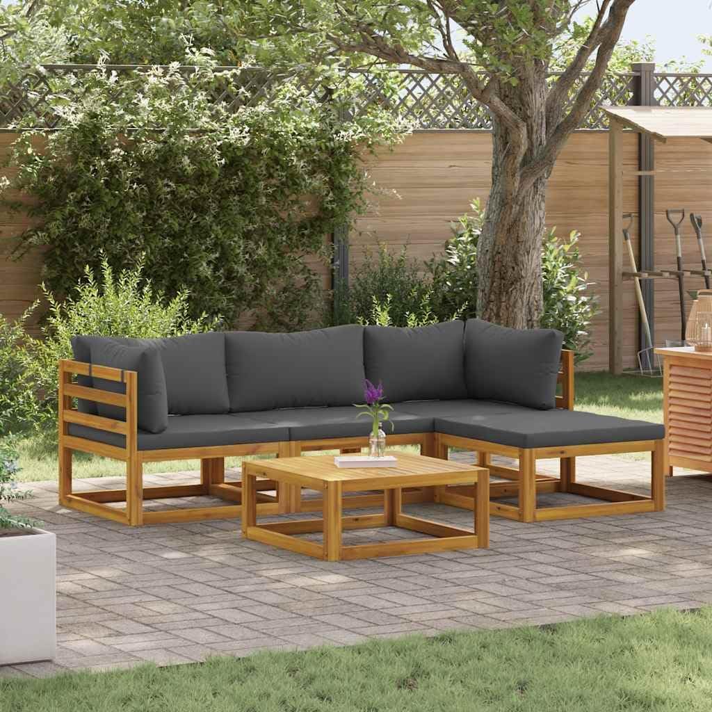 Garden Lounge Set, Natural Solid Acacia Wood, 5 Piece Outdoor Patio Furniture Set with Cushions, Balcony Terrace Dining