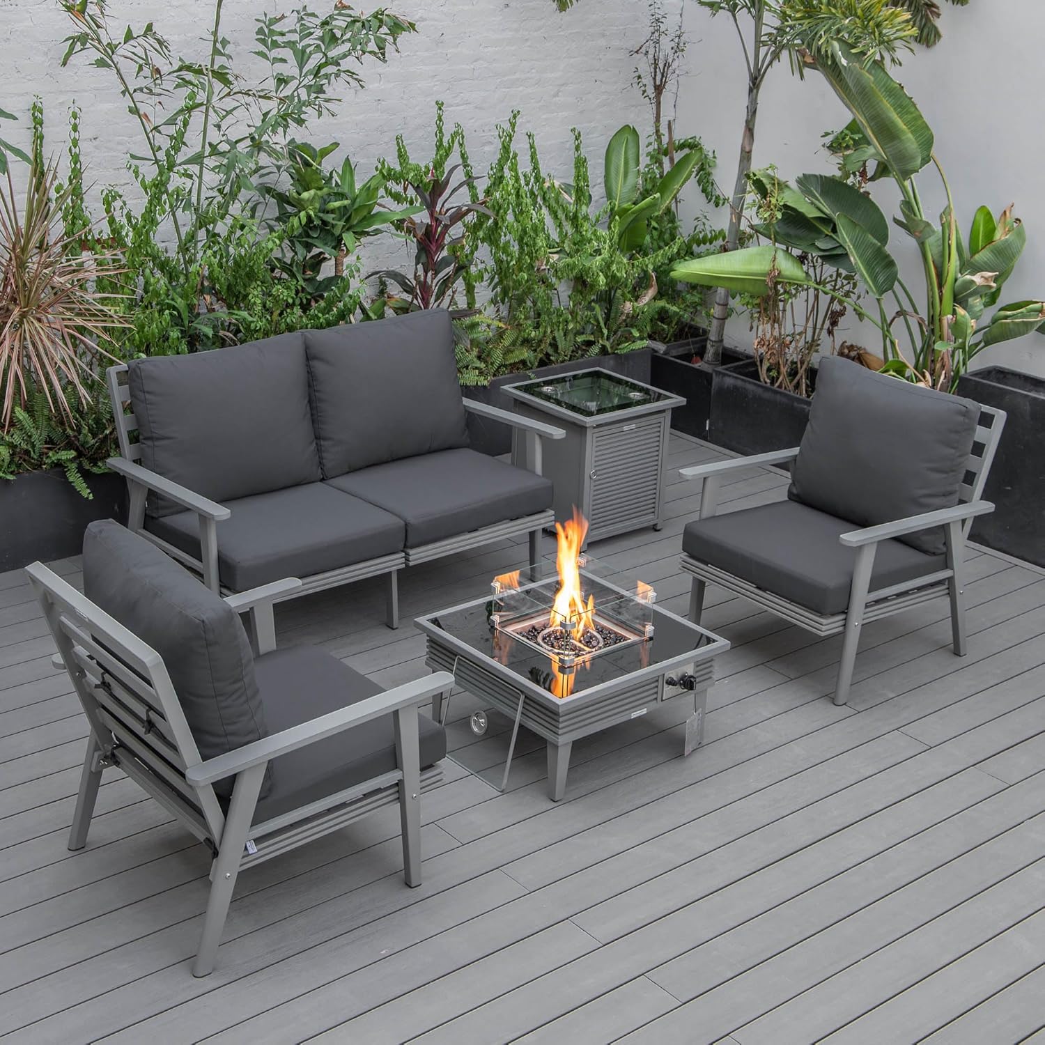 LeisureMod Walbrooke Modern Aluminum 5-Piece Patio Conversation Set with Outdoor Square Fire Pit Slats Design & Side Table Tank Holder, Charcoal