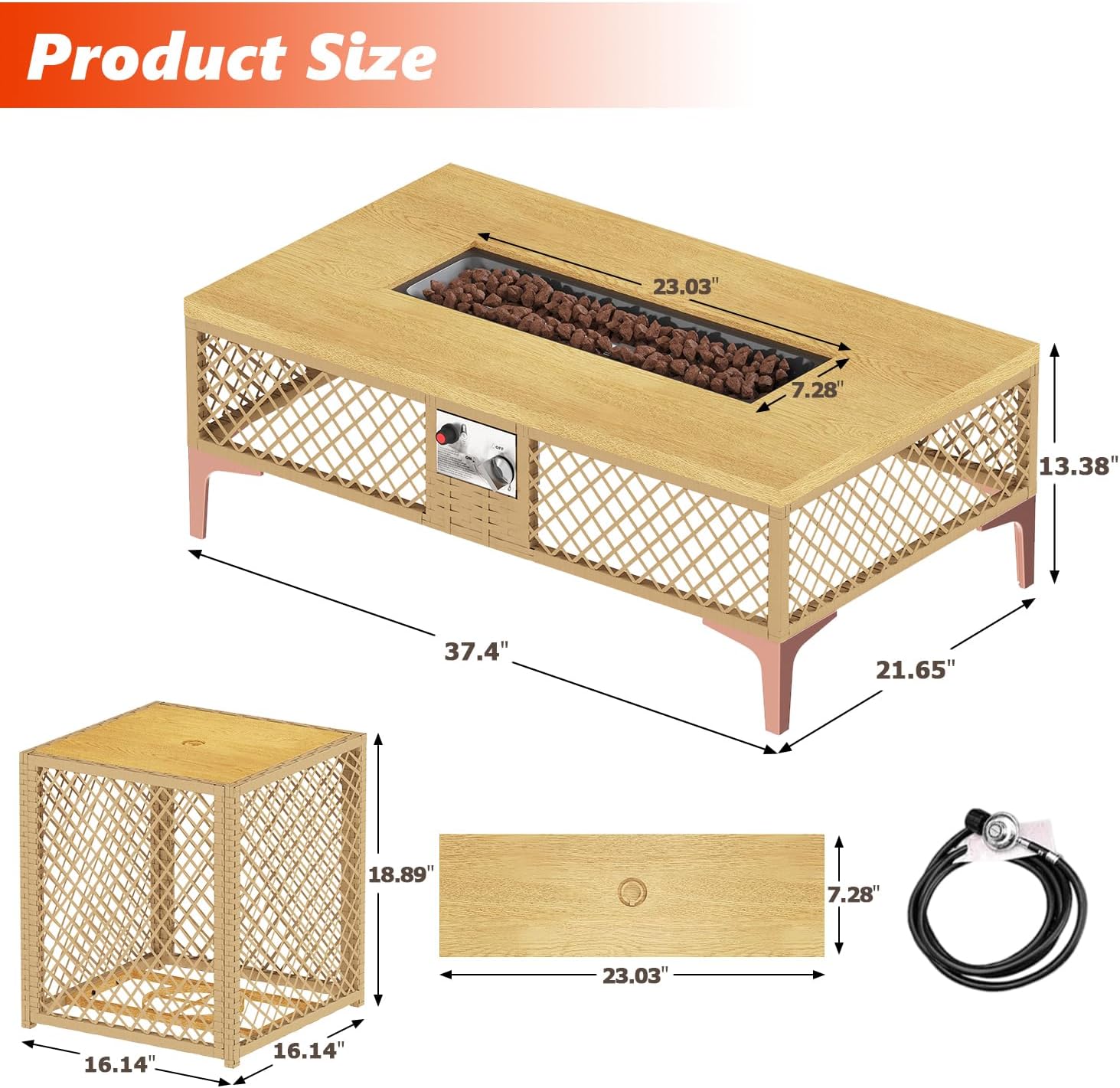 LYNSLIM Outdoor Fire Pit Table with Tank Table, CSA Certifed 60,000 BTU Stainless Steel Burner, Rattan Rectangular Propane Patio Firepit Table for Outside with Exterior, Porch, Backyard or Garden