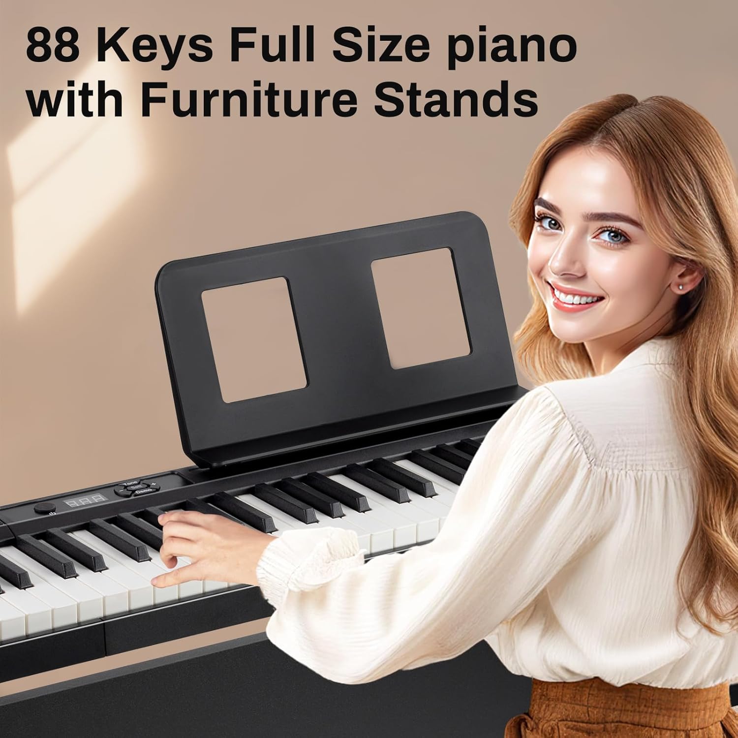 AODSK 88 Key keyboard piano, Portable Digital Piano with Wooden stand Set+Wooden Duet Piano Bench with Padded Cushion and Storage Compartment