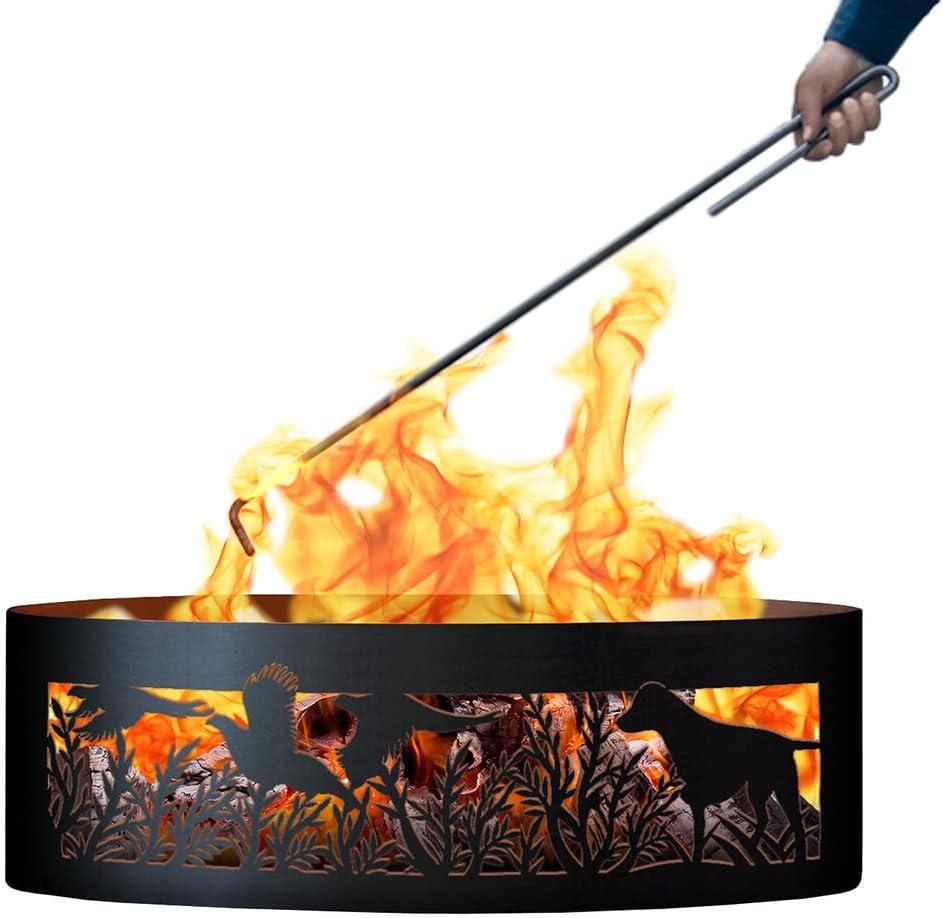 PD Metals PR00748-FP Dog N Pheasant Unpainted 12 in. Tall 48 in. Diameter Outdoor Fire Ring with Fire Poker - 48 x 48 x 12 in. - Rustic Black Color