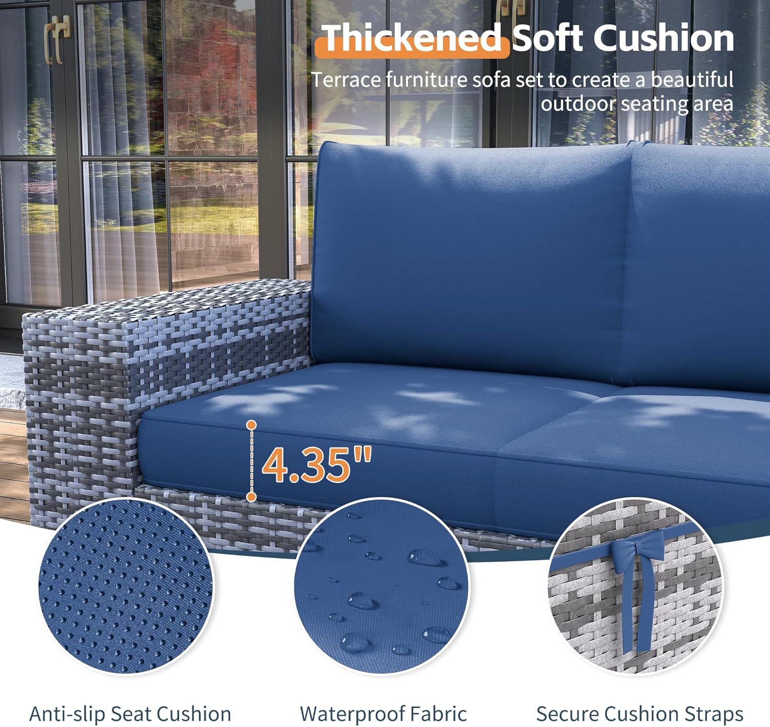 UDPATIO 13 Piece Patio Furniture Set with Fire Pit Table, 8''Wide Armrest Modular Rattan Outdoor Sectional Sofa Set,Wicker Patio Conversation Sets for Backyard,Deck w/ 4'' Cushions,Cover(Grey/Blue)