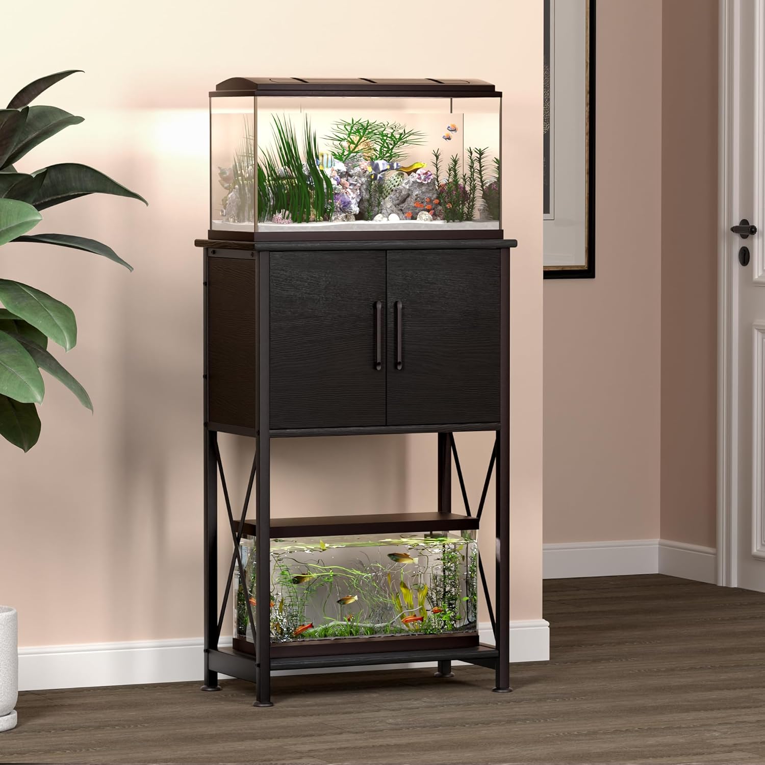 5-10 Gallon Fish Tank Stand, Metal Double Aquarium Stand with Cabinet for Fish Tank Accessories Storage, Heavy Duty 20.5