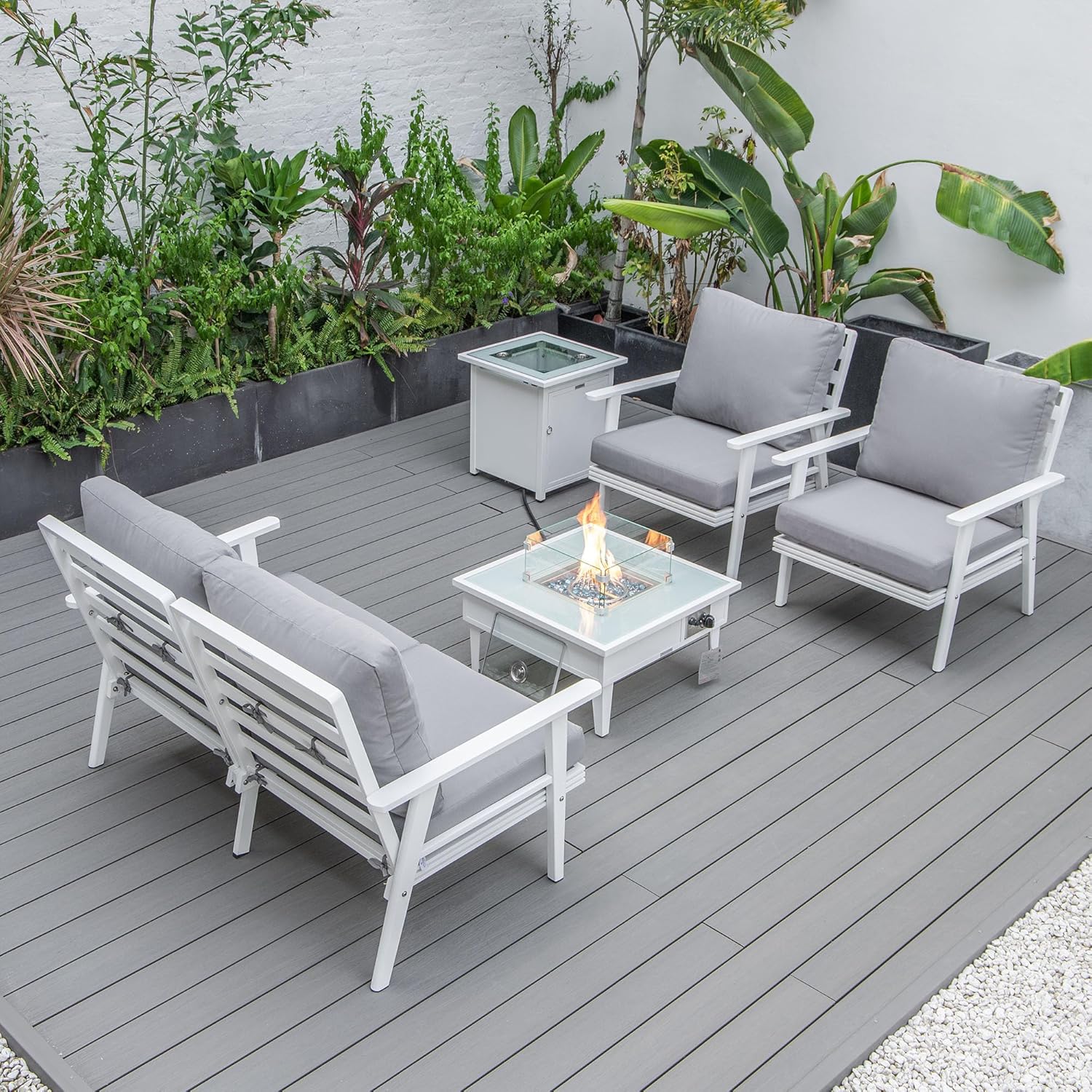 LeisureMod Walbrooke Modern Aluminum 5-Piece Patio Conversation Set with Outdoor Square Fire Pit Table & Side Table Tank Holder (Grey)