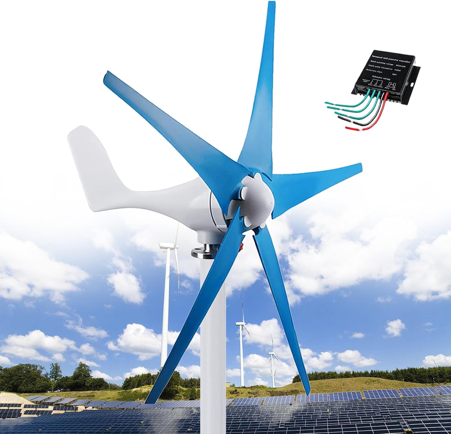 Wind Turbine Generator, 12000W 5 Blade Small Wind Turbine 3 Phase AC Permanent Magnet Generator, Wind Turbine Kit with Charge Controller, for Industrial Energy Equipment, Dynamo,Blue-48V