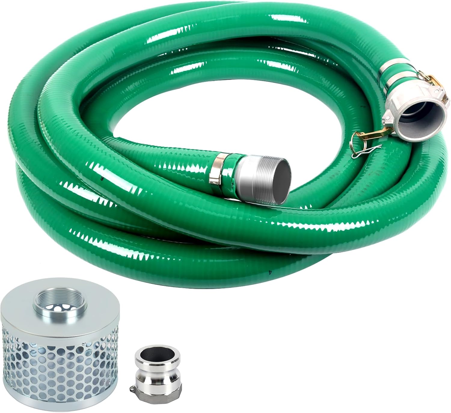 REEPLAR 2 in x 20 ft Green PVC Suction Hose, With 1 Male aluminum cam lock fitting, Suction Strainer, for water/trash pump