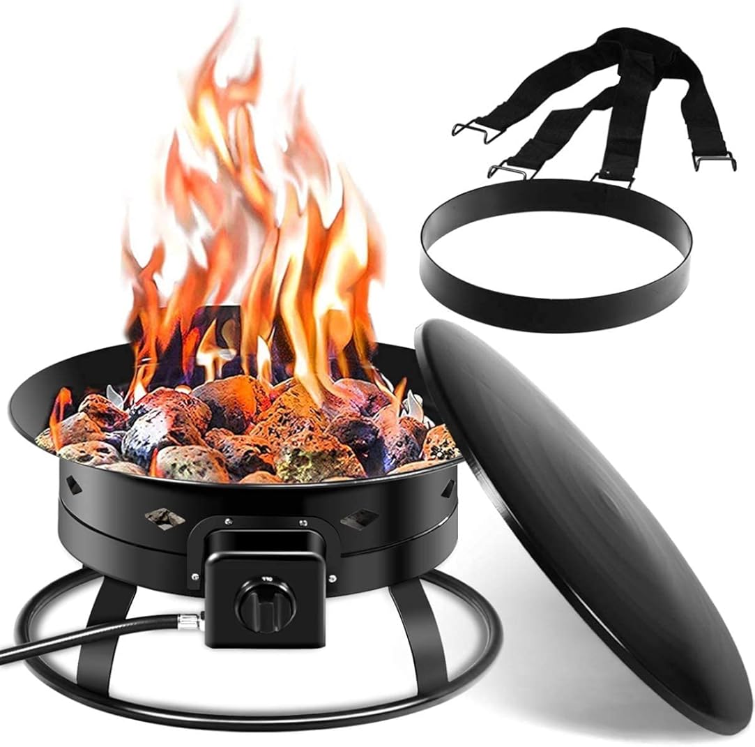 ReunionG 58,000 BTU Portable Propane Outdoor Fire Pit, w/Cover & Carry Kit, CSA Certification, Lava Rocks & 10 FT Hose, Durable Gas Fire Bowl for Outdoor Heating, Camping and Party, Black