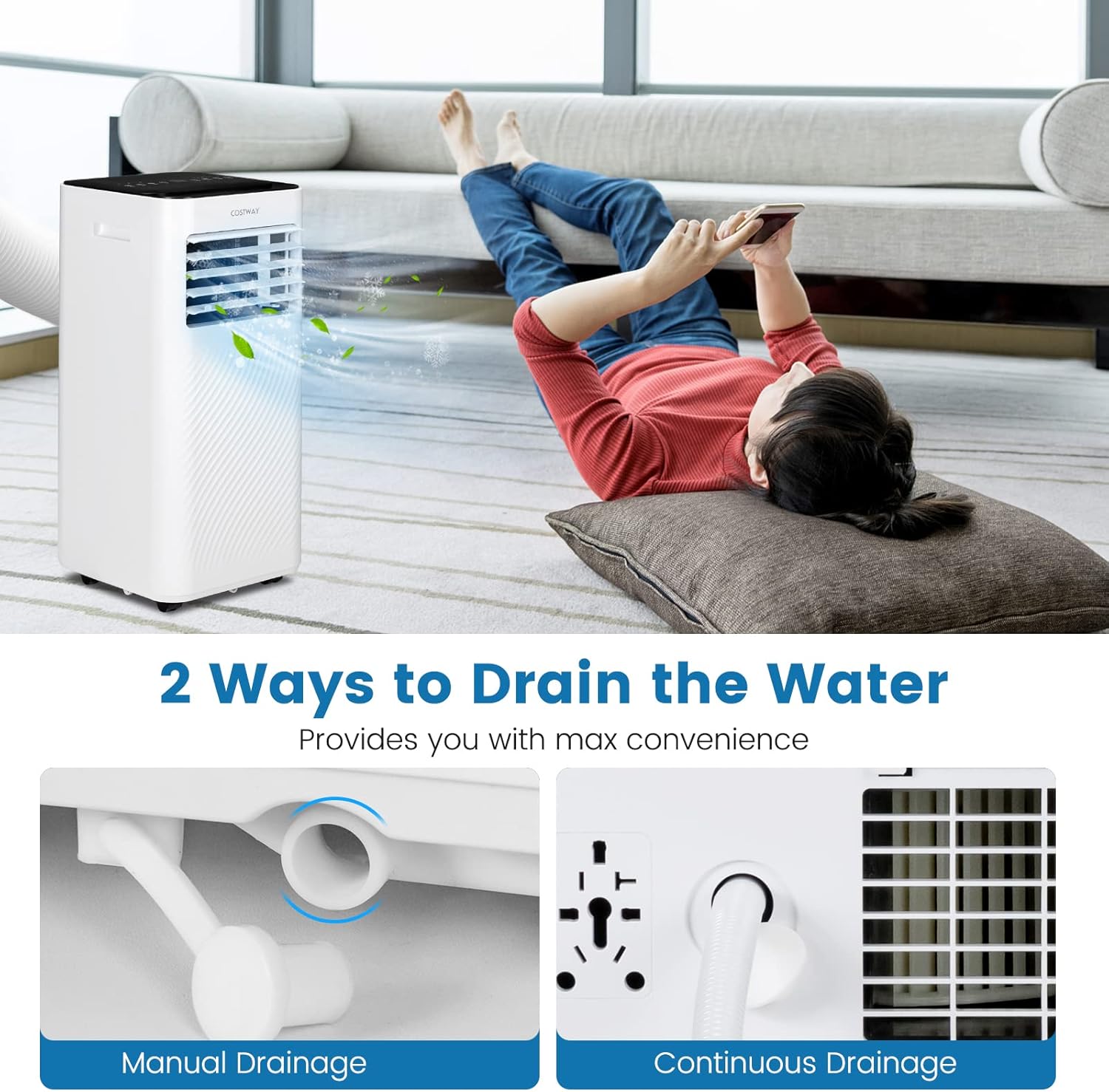 COSTWAY Portable Air Conditioner, 10000 BTU AC Unit with Cool, Fan, Dehumidifier & Sleep Mode for Rooms up to 350 Sq.Ft, with 24H Timer, Child Lock, Remote Control & Window Kit (White and Black)