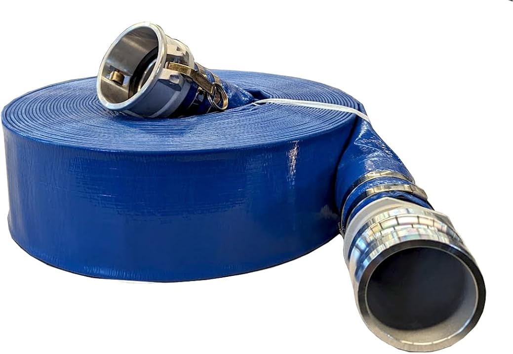 2 inch x 100 Foot Heavy Duty Reinforced PVC Lay Flat Hose Assembly, 70 PSI, with Aluminum Cam & Groove C & E Fittings, for Pool Backwash, Flood Control, Slurry Cleanup, & Irrigation