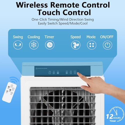 3000CFM Swamp Cooler, Evaporative Air Cooler with Remote Control and 12H Timer, 4 Ice Packs, 3 Modes & Wind Speeds for Outdoor Indoor Use, 10.3 Gallon