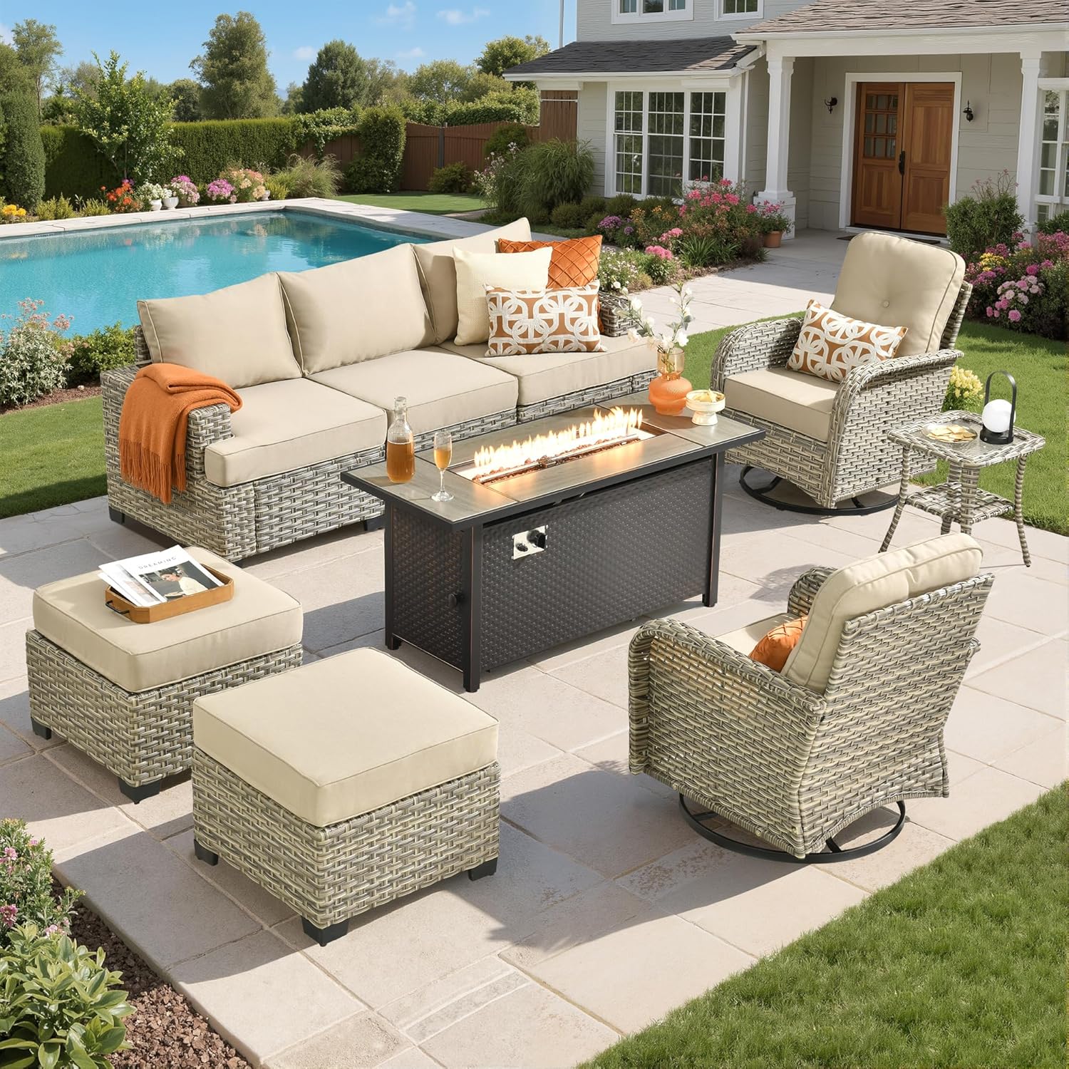 Rattan Patio Furniture Set with Fire Pit Table,9 Pieces Outdoor Sectional with Swivel Chairs Ottoman,Out Door Furniture Conversation Set,Beige