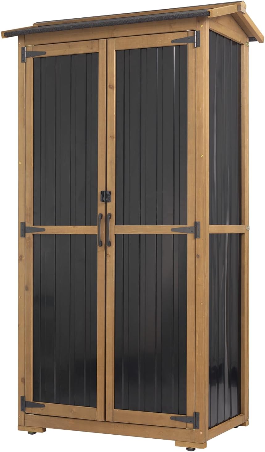 Outdoor Storage Cabinet, Wood & Metal Garden Cabinet with 3 Adjustable Shelf, Weather-Resistant Roof, Lockable Doors & Adjustable Feet for Patio, Garden, Farm (33