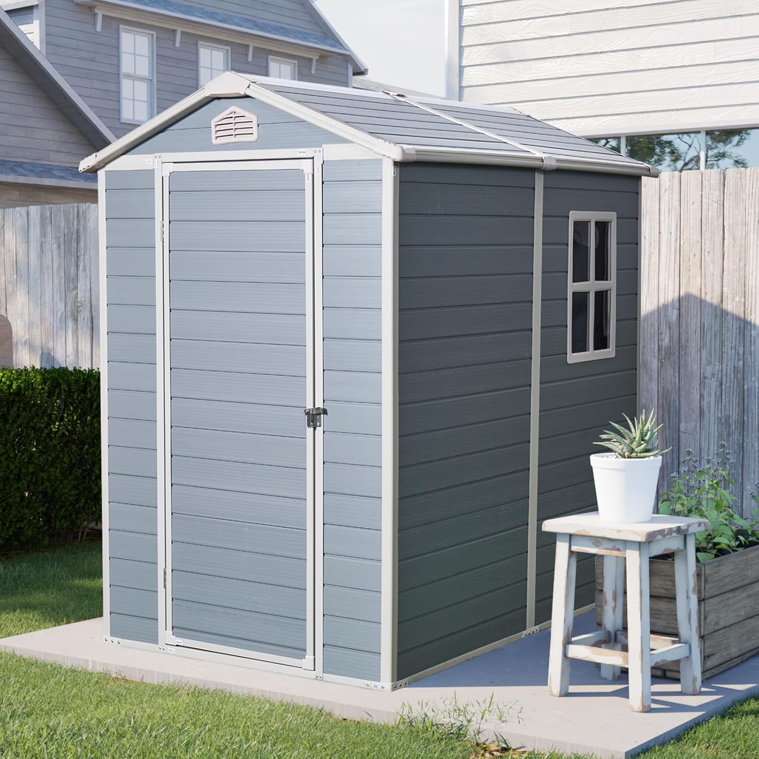 JT 4×6ft Resin Outdoor Storage Shed,Outdoor Storage Shed with Floor & Window to Store Patio Furniture, Garden Tools Bike Accessories, Beach Chairs and Lawn Mower. (4ft×6ft)
