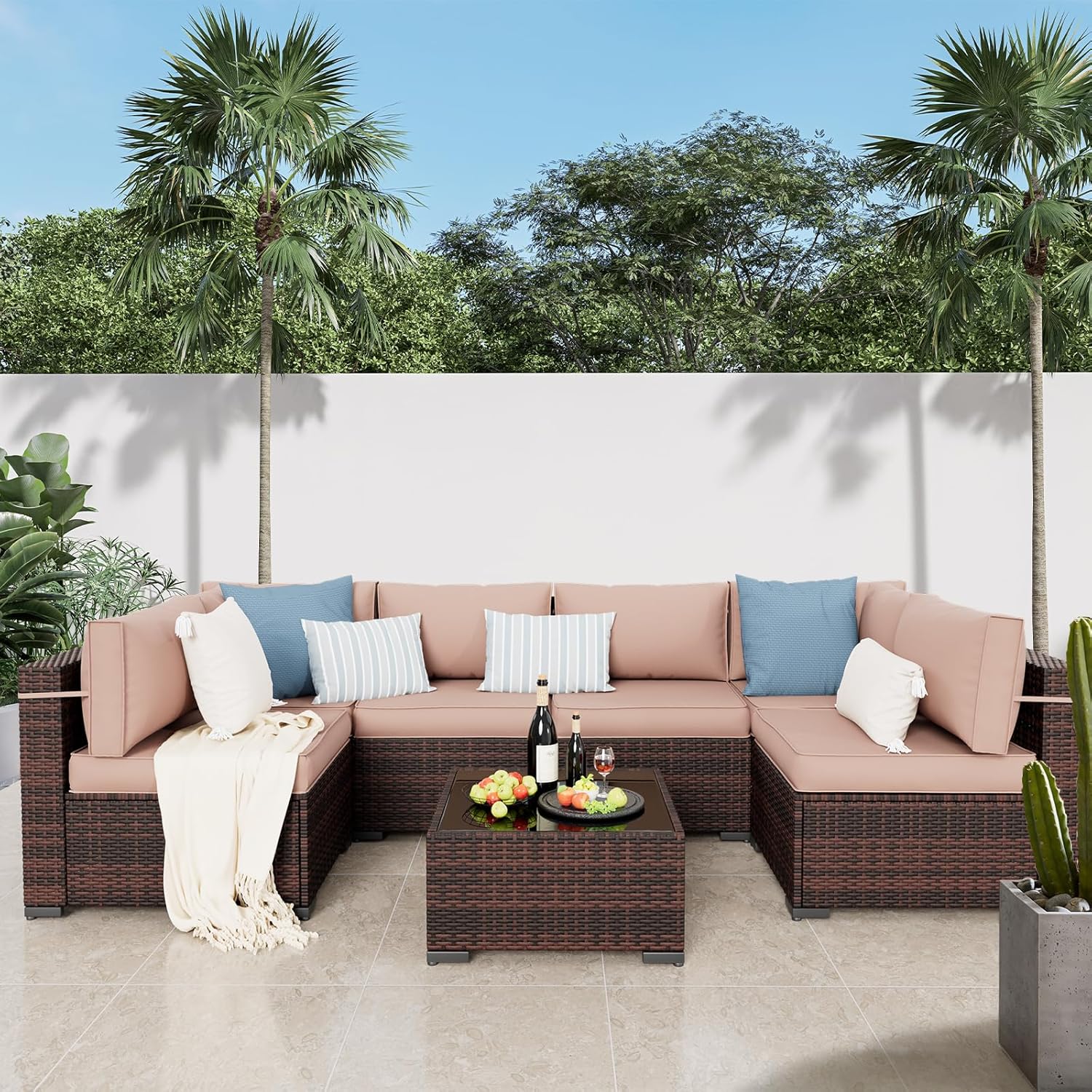 Amopatio Outdoor Patio Furniture Set 7 Pieces Patio Conversation Set Sectional Couch Sofa with All-Weather Cover, Glass Table & Thicken Cushion Fits Garden Yard Porch