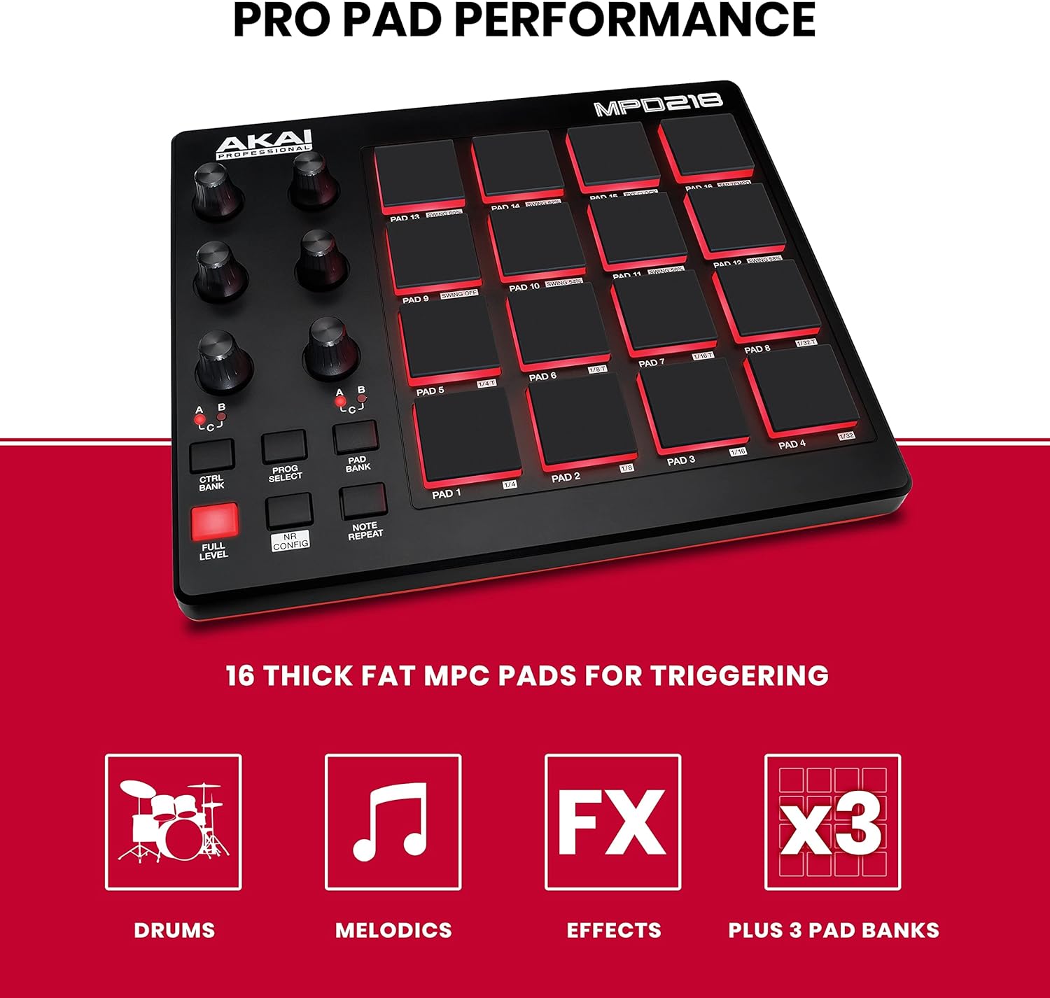 Akai Professional MPD218 - USB MIDI Controller with 16 MPC Drum Pads, 6 Assignable Knobs, Note Repeat and Full Level Buttons and Production Software