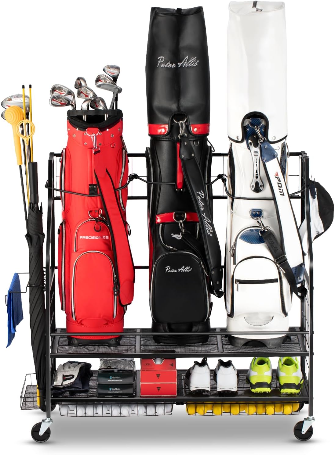 Golf Bag Storage Garage Organizer- Golf Bag Stand Fit for Golf Bags, Golf Clubs, Golf Balls, Golf Equipment Accessories, Golf Bag Storage Rack with Wheels for Garage