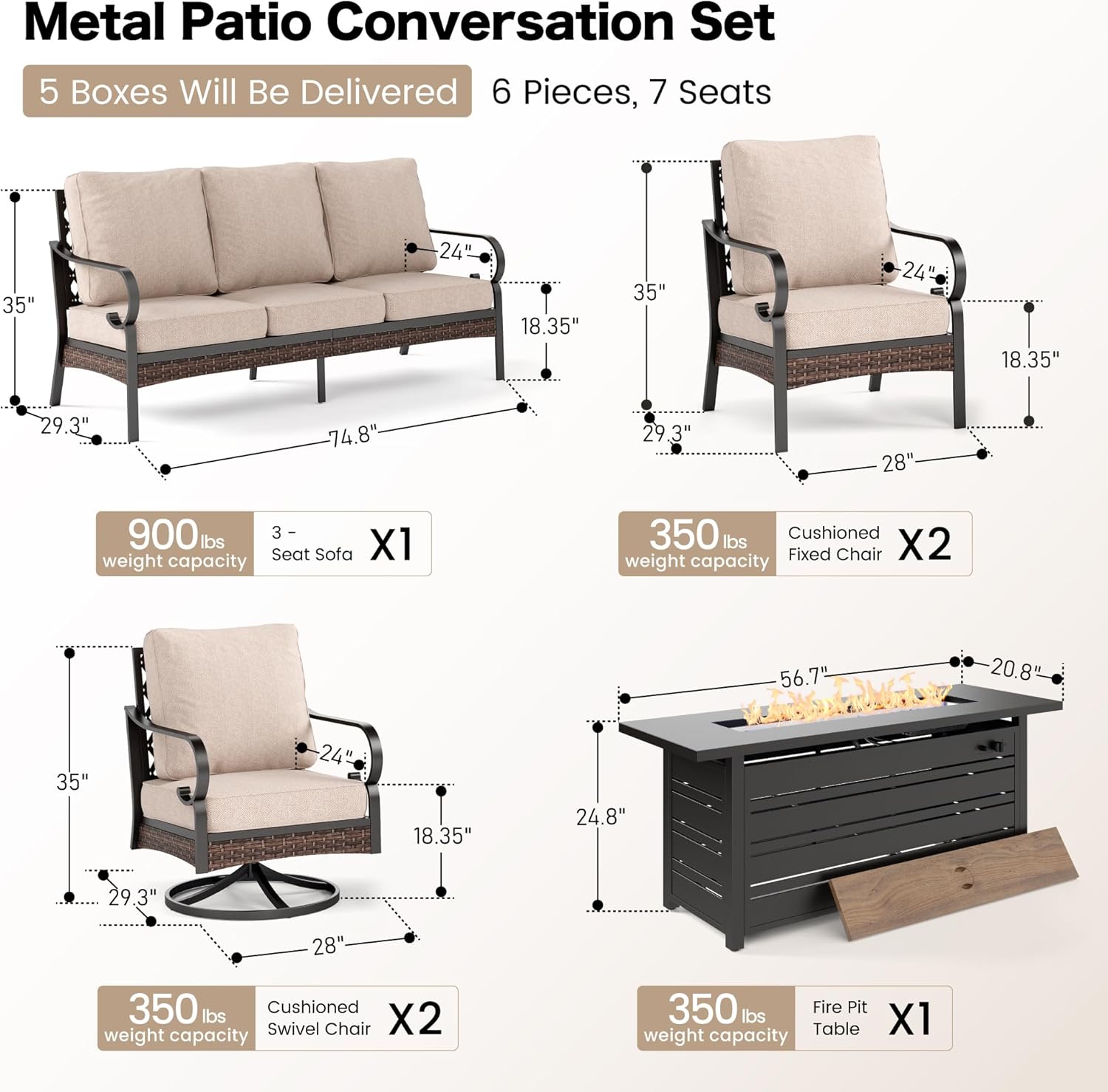 6 Piece Metal Outdoor Patio Furniture Sets with Firepit Table, Patio Conversation Sets 1 3-Seater Sofa, 2 Leg Chair and 2 Swivel Chair with 5.75