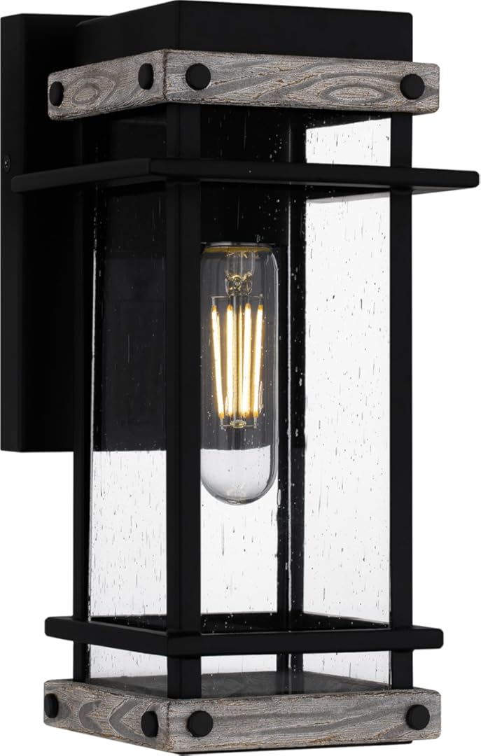 Quoizel Strader Outdoor Wall Lantern, 11.5 Inch 1-Light Farmhouse-Style Wall Sconce, Matte Black with Wood Accents, Clear Seedy Glass, 100W, Outside Lights for Patio, Porch, Garage or Front Door