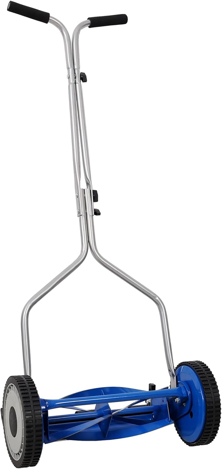 14-Inch Manual Push Lawn Mower with 5-Blade Ball Bearing and 8.5-Inch Composite Wheels, Lightweight Reel Mower with Cushioned Grip for Yards, Lawns and Garden (Blue+14