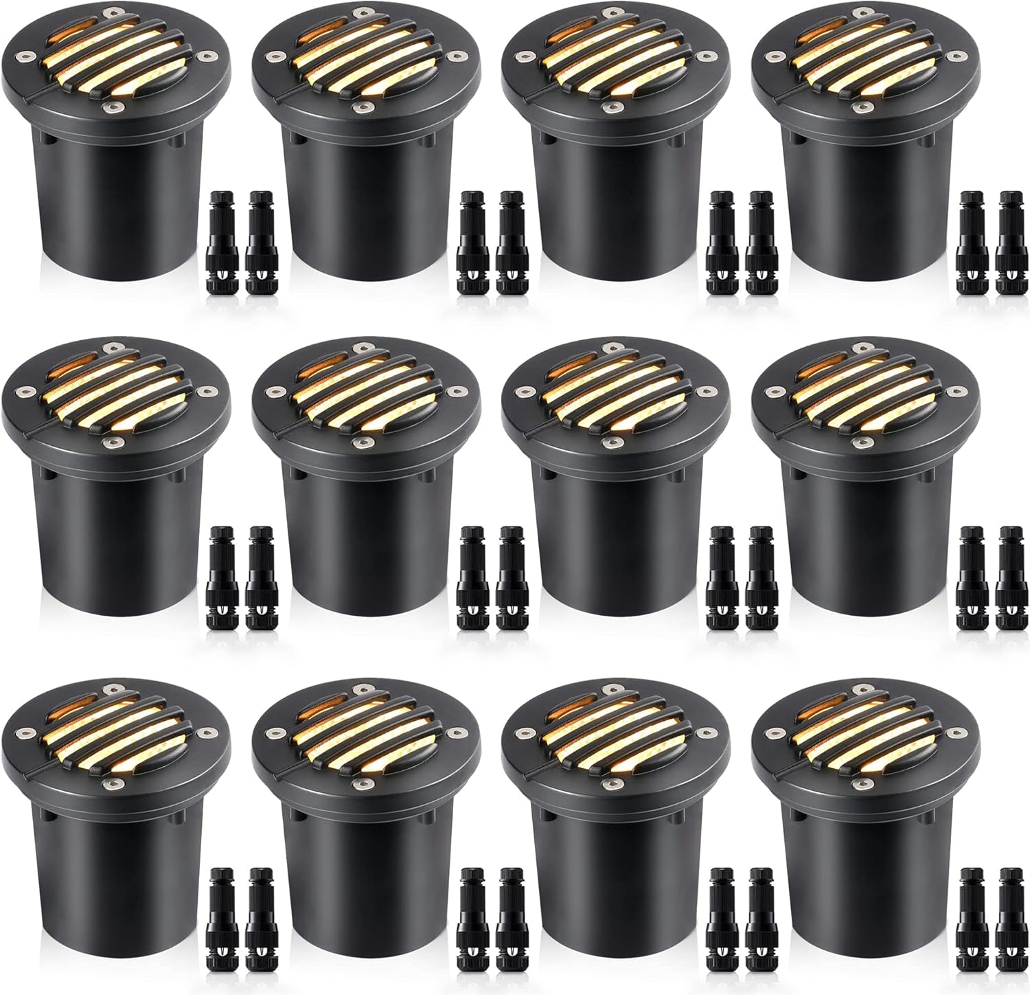 SUNVIE 12W Low Voltage Landscape Lighting with Connectors 1200LM Ultra Bright Well Lights Landscape LED In Ground Waterproof Outdoor Warm White Paver Lights for Garden Yard Driveway 12 Pack