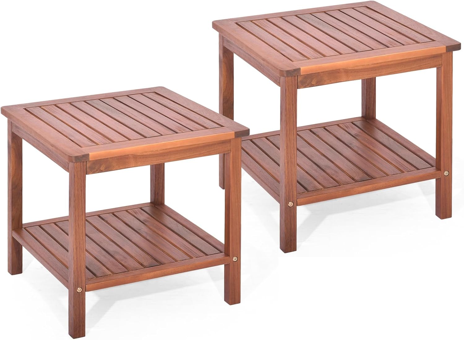 RELAX4LIFE Adirondack Outdoor Side Table - 2-Tier Acacia Wood Square End Tables w/Slatted Tabletop & Shelf for Garden Porch Pool, Indoor Outdoor Companion, Wooden Small Patio Table (2, Natural)