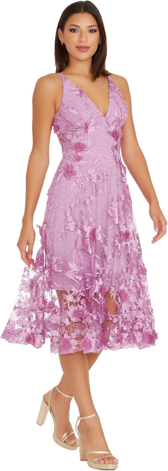 Dress the Population Women's Audrey Spaghetti Strap Midi A-line 3D Floral Dress, Lavender, XS