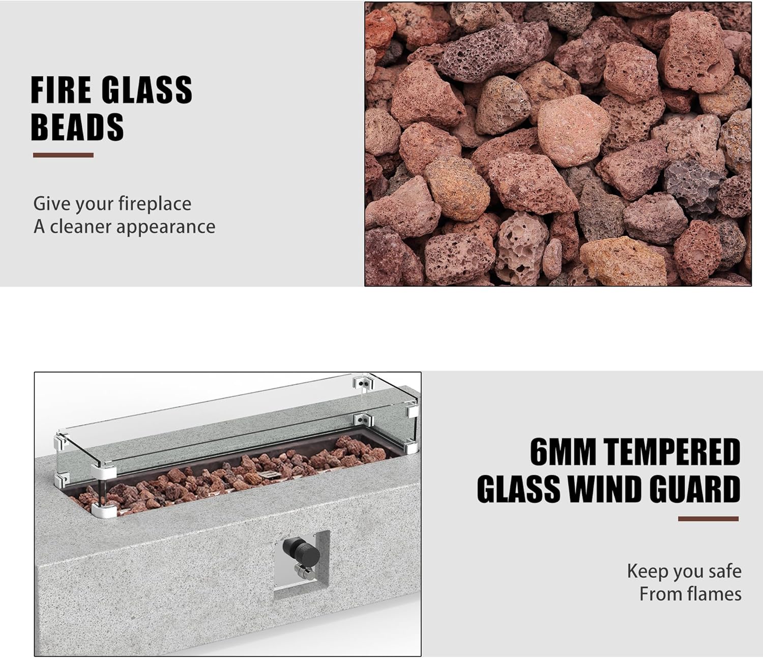 3-Piece Concrete Outdoor Propane Gas Fire Pit Table, Rectangular Outdoor Propane Fire Pit Table with Tank, Stainless Steel Burner, Wind Guard, Rain Cover for Outdoor Garden, Pool (56IN)