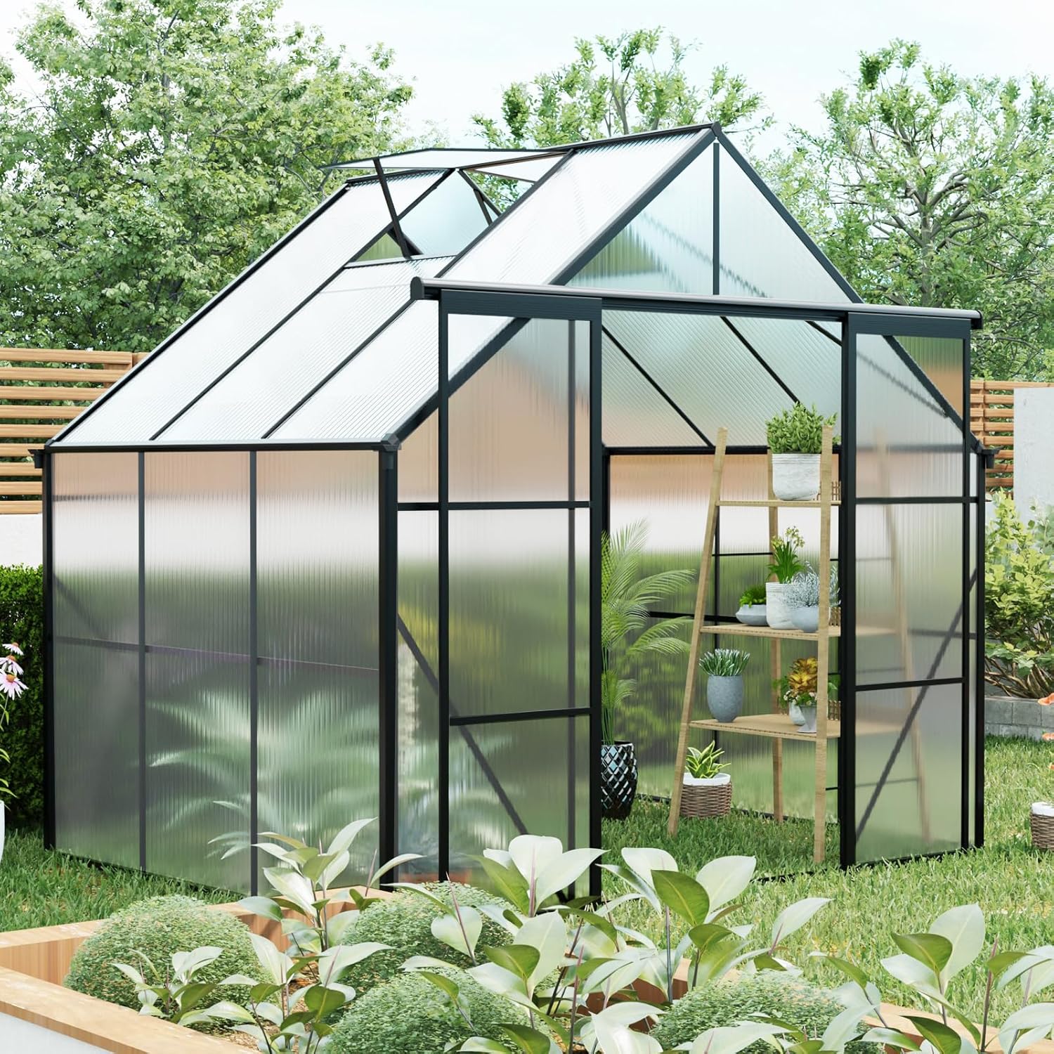 8x6FT Walk-in Polycarbonate Greenhouse with Heavy-Duty Aluminum Frame – Raised Base, Dual Sliding Doors & Adjustable Roof Ventilation, All-Season Garden Green House for Backyard (Black 8x6FT)