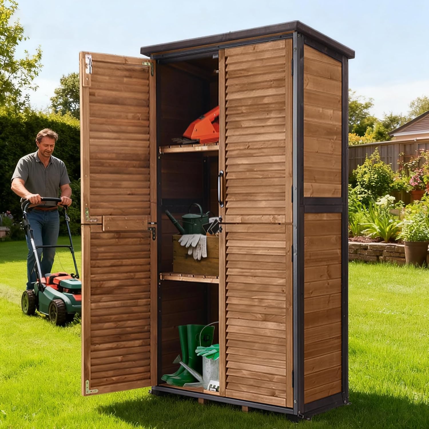Outdoor Storage Shed with Floor - Strong Metal Frame, Adjustable Shelves, Ventilated Blinds - Ideal for Garden Tools & Outdoor Storage Cabinets Waterproof - Best in Sheds