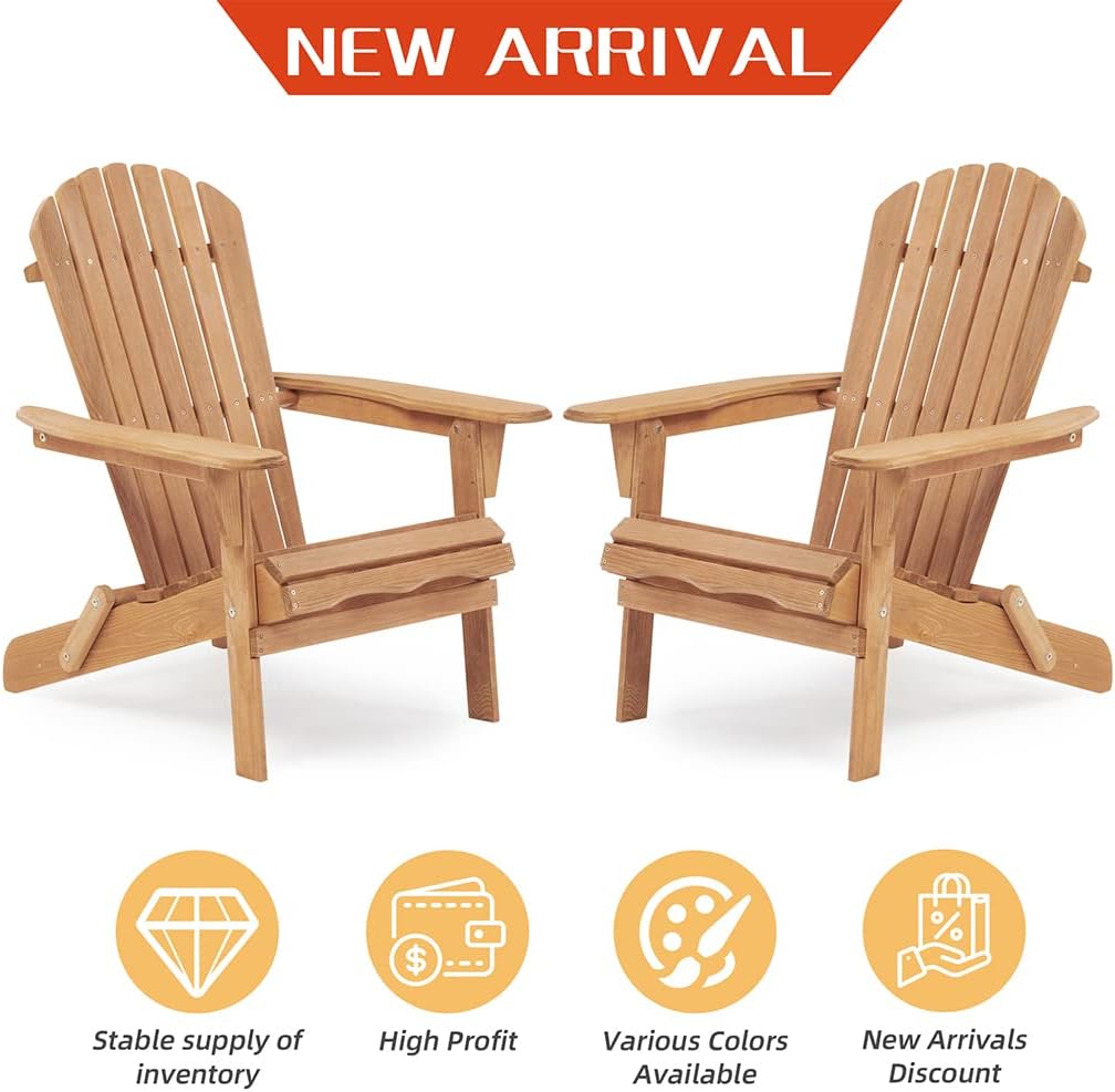 Folding Adirondack Chairs Set of 2, Outdoor Wooden Accent Furniture Fire Pit Lounge Chairs, Cedar All-Weather Lawn Chairs for Outdoor Porch Garden Backyard Deck, 350lb Weight Capacity,Natural