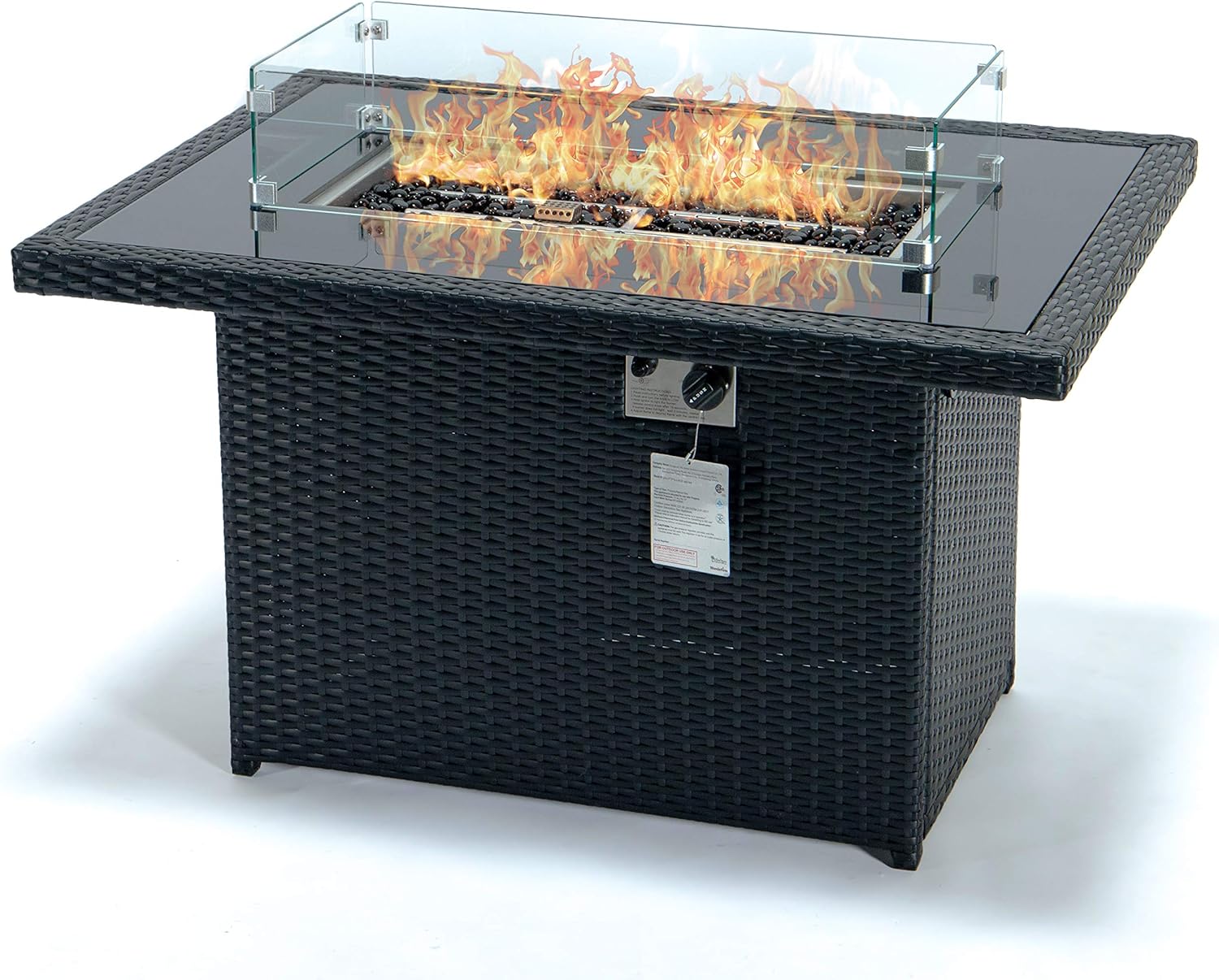 LeisureMod 44-Inch Propane Fire Pit Table, 50,000 BTU Auto-Ignition Gas Fire Pit with Lid, Tempered Glass Wind Guard & Decorative Stones, Black