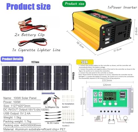 4000W Complete Solar Inverter Kit with 100W Solar Panels & 50A MPPT Controller - Off-Grid Power System for Home Backup, RV, Emergency, Yellow 12V-110V, Solar Energy Solution