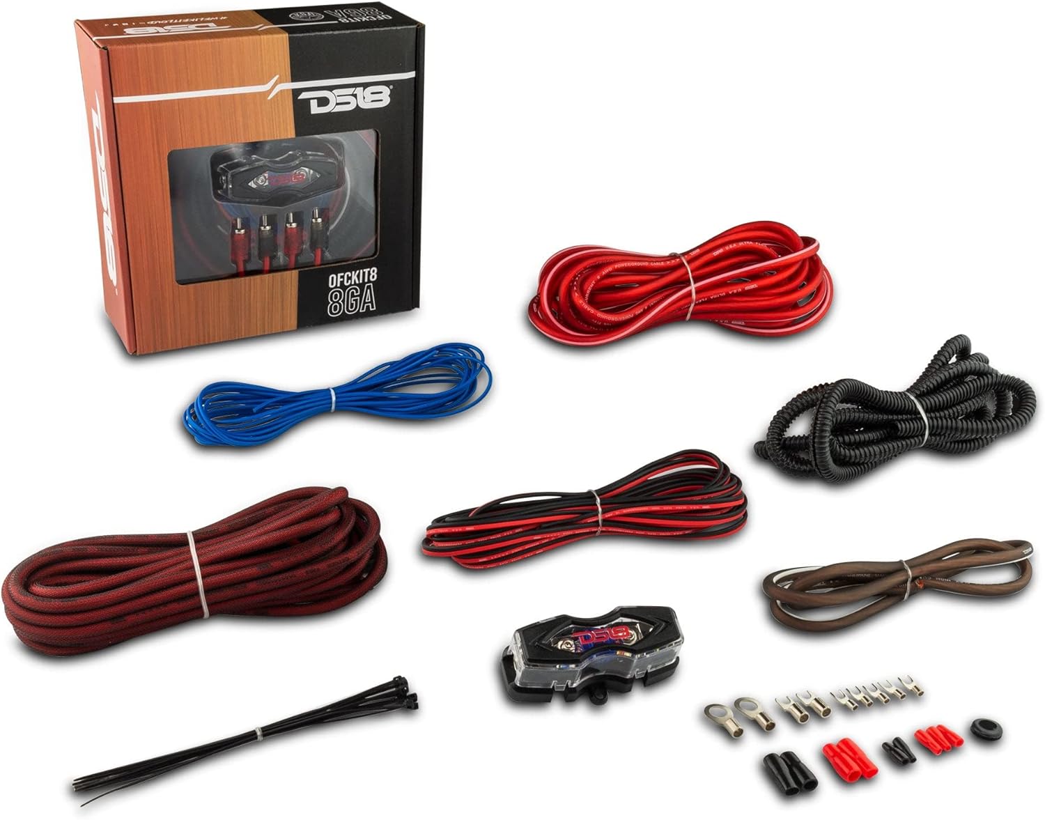 DS18 OFCKIT8 Ultra Flex Advance 8 Gauge Complete Amplifier Installation Wiring Kit 8GA with Fuse Holder and 80 Amp Fuse - Up to 960 Watts, OFC 100% Cooper