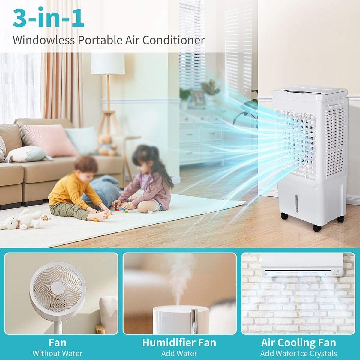 3-in-1 Portable Air Conditioner - 60° Oscillating Evaporative Air Cooler with Remote, Cools up to 215 Sq. Ft., Cooling fan Air Conditioner for Room Office Garage, White