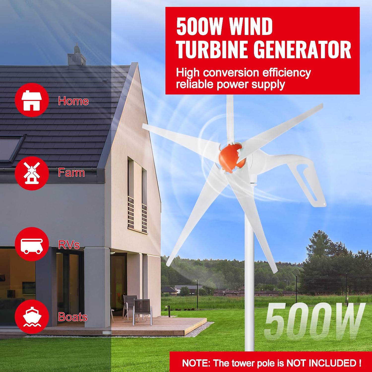 Happybuy 500W Wind Turbine Generator, 12V Wind Power Kit, 5-Blade Wind Generator with MPPT Controller, Adjustable Windward Direction & 2.5m/s Start Wind Speed, Ideal for Home, Farm, RVs, Boats