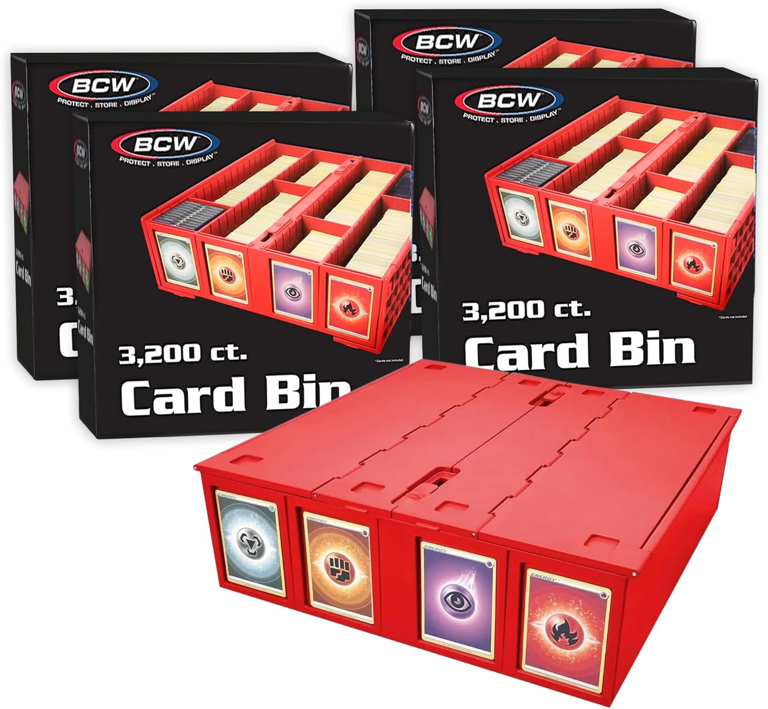 BCW Collectible Card Bin (4-Pack, Red) | Holds 3,200 Cards Each | Includes 4 Dividers Per Bin | Storage for Pokémon, MTG & Sports Cards