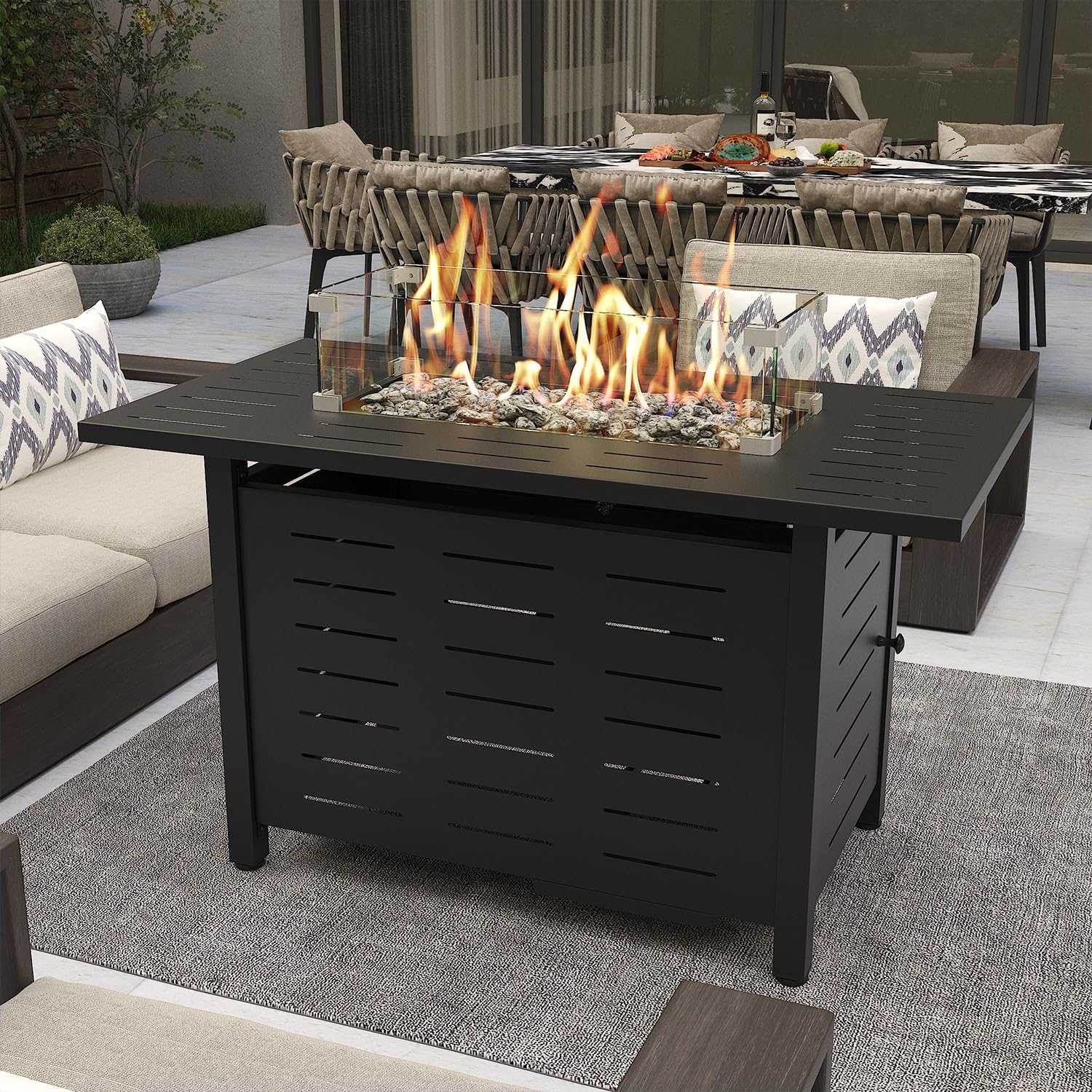 Propane Fire Pit 50,000 BTU Outdoor Gas Fire Table with Waterproof Cover Rectangular Steel Firepit Table with Lid and Lava Rock for Outdoor, Patio, Backyard