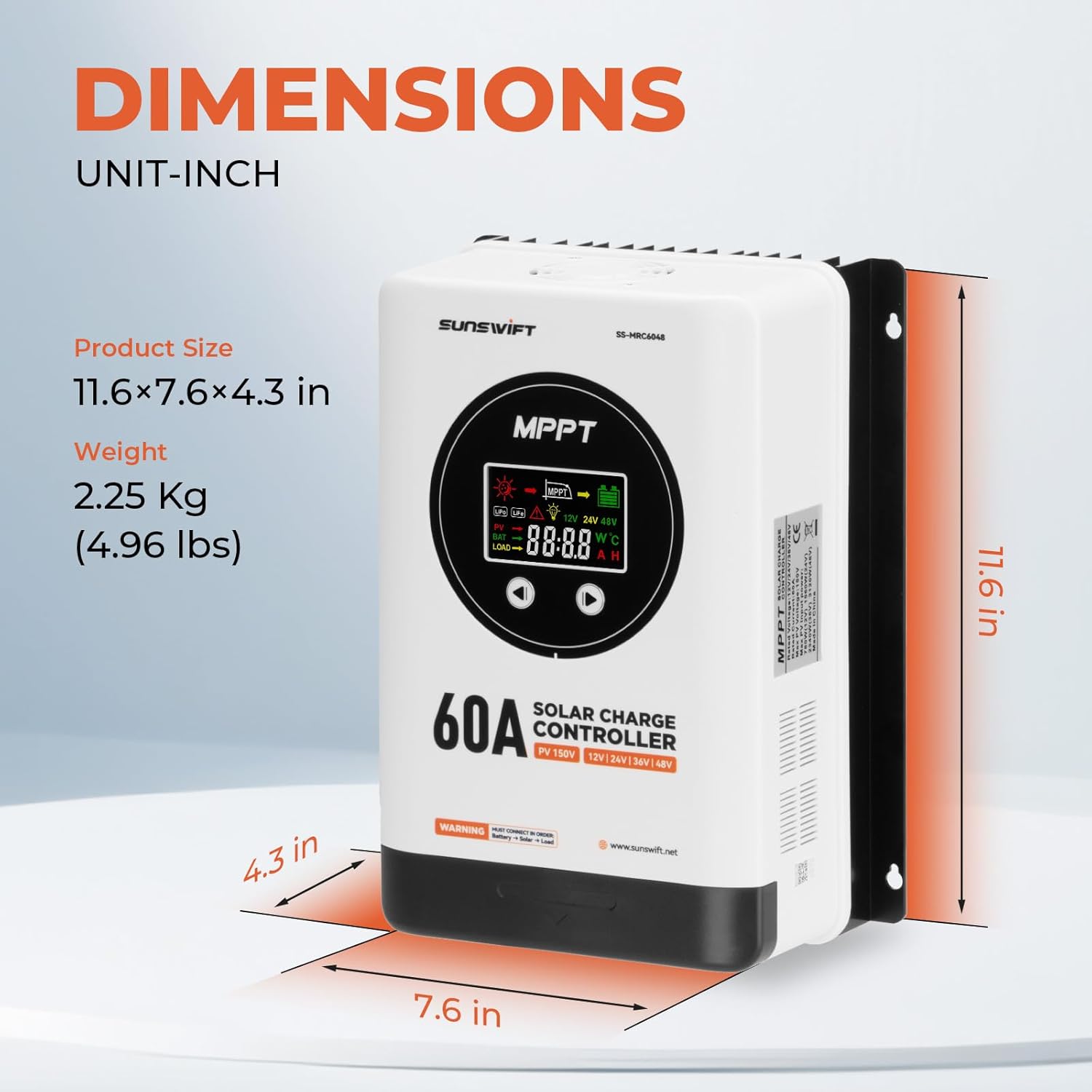60A MPPT Solar Charge Controller, 12V/24V/36V/48V Auto, Large LCD Display, Compatible with AGM, Gel, Flooded & Lithium Batteries, Plug-and-Play, Maximum 150V Input